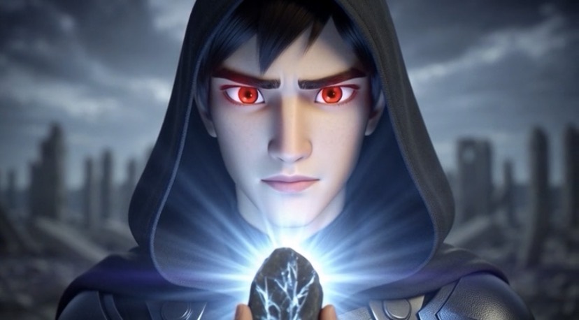 Personagem encapuzado com olhos vermelhos segurando um fragmento luminoso